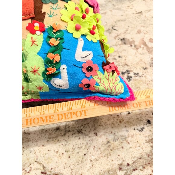 Handmade Peruvian Aspiralla Folk art 3D Embroidered Pillow Whimsical Landscape - Picture 8 of 13